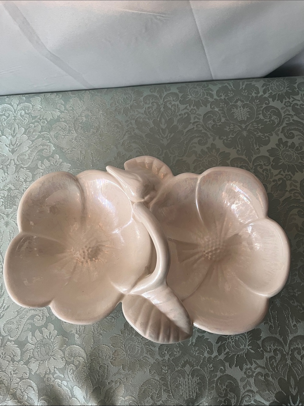 Vintage Mid-Century Holland Mold Mother-of-Pearl White Hibiscus Candy Dish
